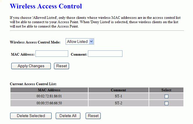 Screen snapshot Wireless Access Control Wireless Access Control Mode MAC Address Comment Apply Changes Current Access Control List Delete Selected Delete All Click the Disabled, Allow Listed or Deny