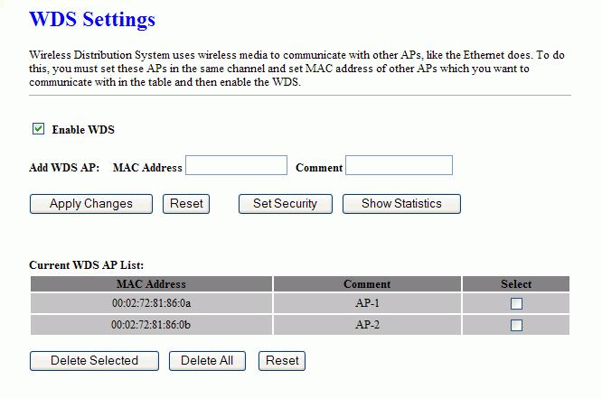 Screen snapshot WDS Setup Enable WDS MAC Address Comment Apply Changes Set Security Show Statistics Delete Selected Delete All Click the check box to enable wireless distribution system. Refer to 4.