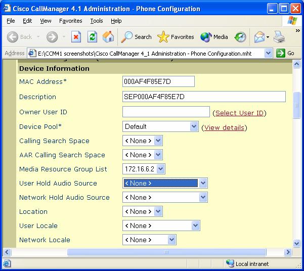 4.13 Phone Configuration This screen specifies the parameters for the Cisco Unified Communication Manager phones. It is accessed from the Device menu.