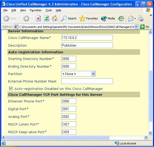 The following screen shows a sample of a Cisco Unified Communications Manager entry.