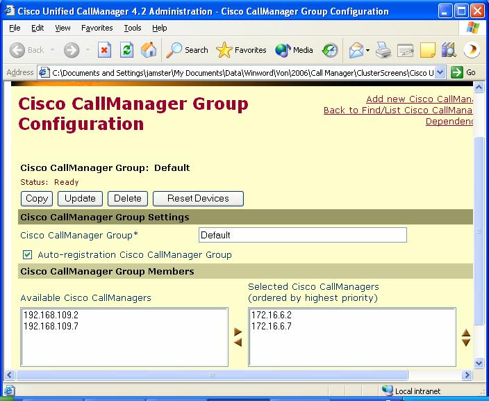 6.3 Cisco Unified Communications Manager Group used in the Cluster The Cisco Unified Communications Manager group ties the Cisco Unified Communications Managers into