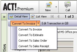 Converting an ACT Opportunity to a QB Transaction When the time is right (deal is sold, time to create estimate, etc.) you can quickly convert an Opportunity to a Quickbooks transaction.
