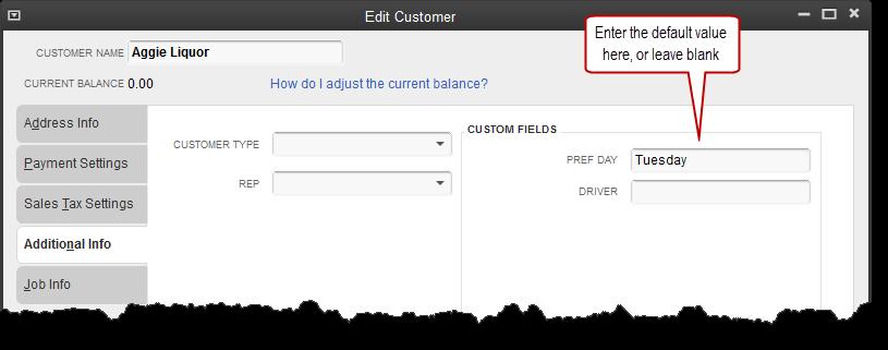 Add the custom fields that you want and check the Cust column for each. Note that you only have to define the fields one time in one customer record the fields will be added to all customer records.