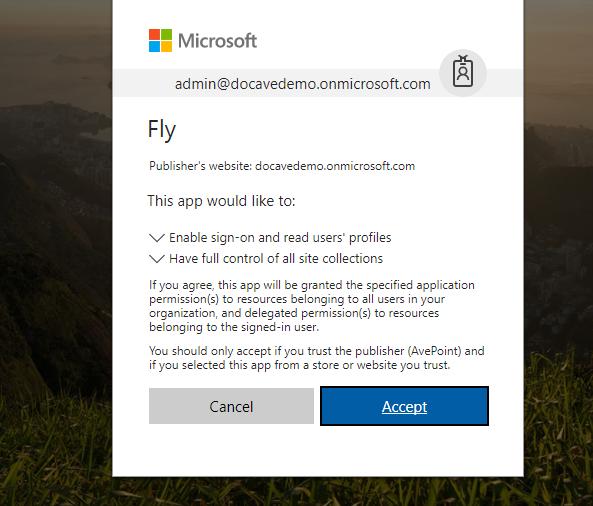Figure 16: Clicking Accept. Configuring the PFX File Complete the instructions below to configure the FlyApp.pfx file: 1. Find the FlyApp.pfx file in the output folder of the extracted SPApp folder.
