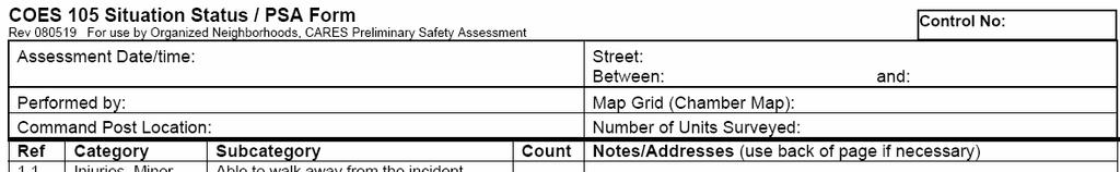 COES-15 Sit Stat/PSA Log 12/4/21, 145 Woodhill Court, Pinebrook Court CUP32 Jim O KN6PE G5 46 1. Assessment Date/Time When the PSA was performed. 2. Street: Between location, or street boundary 3.