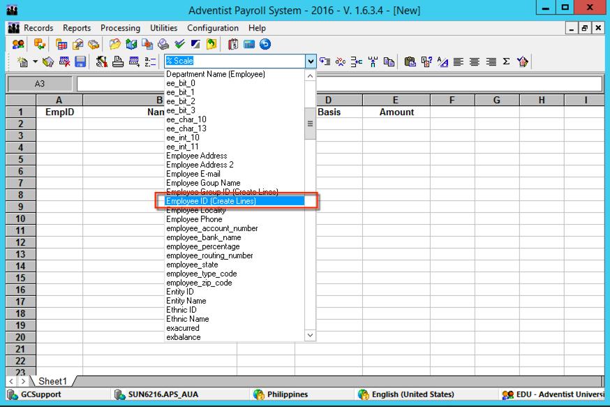 2. Click in A3 (Employee ID) a. This will be the first cell of extracted data 3. Go to the Search field in the toolbar 4. Select the Employee ID (Create Lines) from drop down list of options 5.