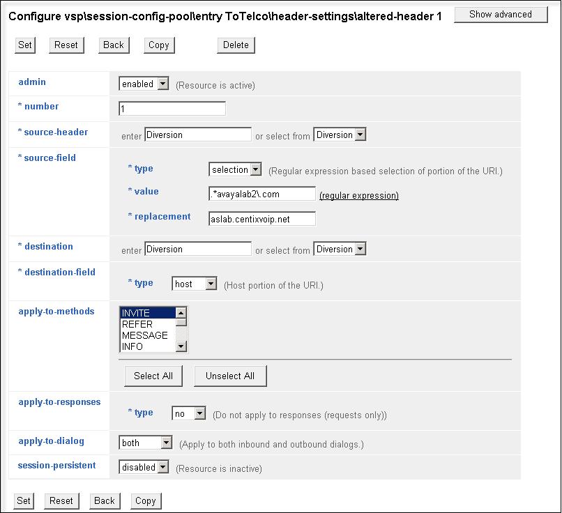 Additional configuration can be applied to the altered-header rule using the screen shown