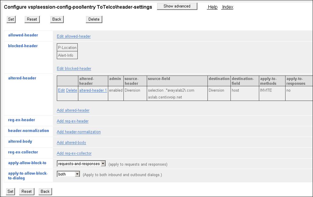 The following screen shows a summary of the altered-header rule configured in this