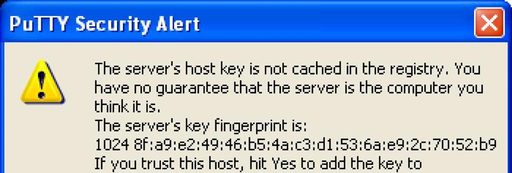 Figure 13: PuTTY security alert The username as well as