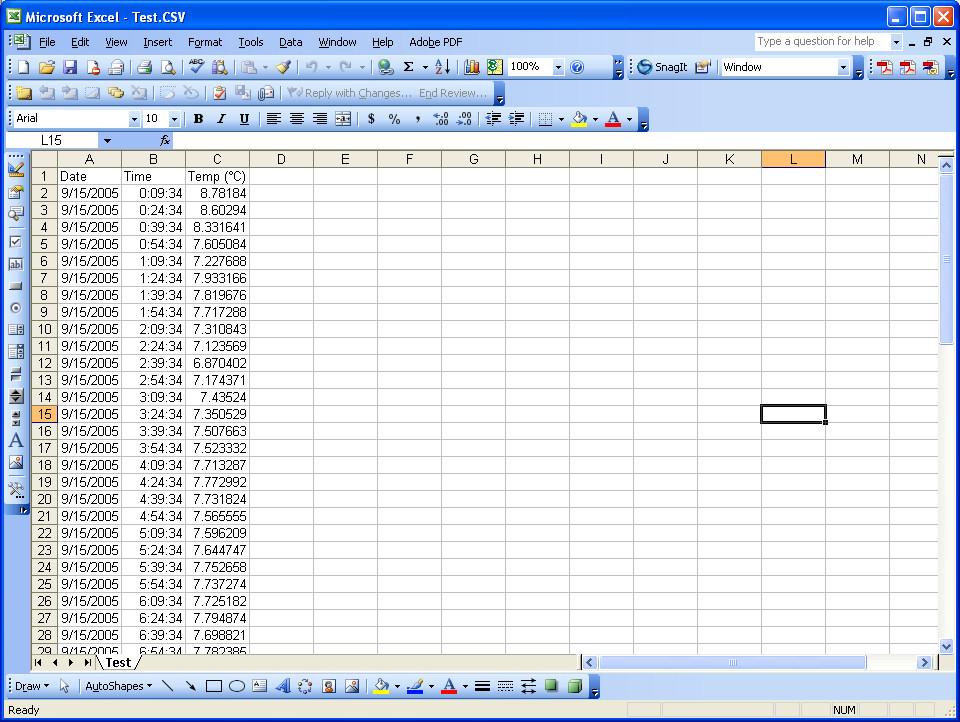 An example of how the exported data might appear in Microsoft Excel