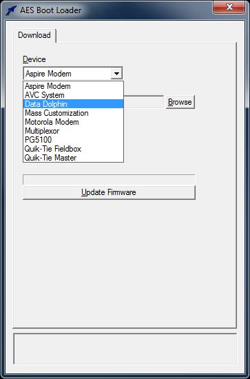 Under Device select Data Dolphin to be upgraded. The bottom portion of the dialog contains a status box where status information is displayed.