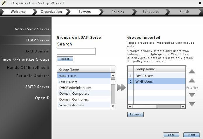 Import/Prioritize Groups Groups from the LDAP server are displayed in the left column of this page.