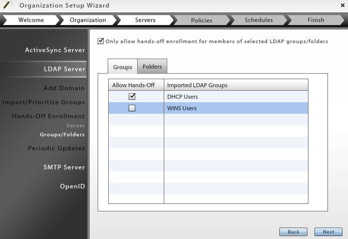 Enable the Allow hands-off enrollment for this LDAP server option. Click Next.
