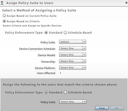 Selection criteria includes policy suite, device connection