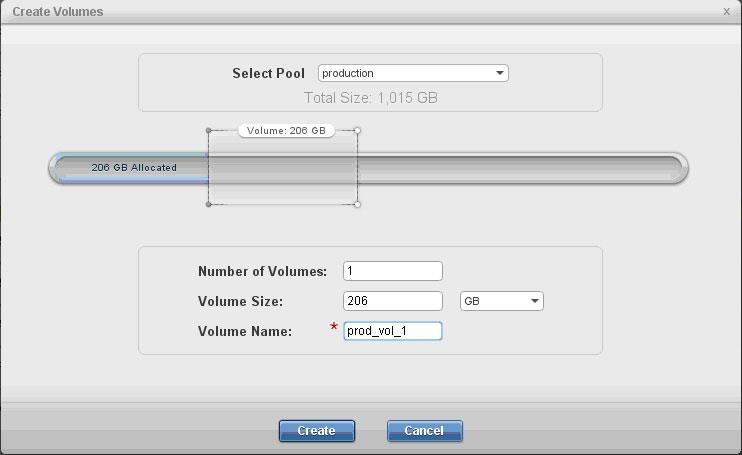 Procedure 1. On the XIV management GUI, focus on the primary XIV system, and then click Pools > Volumes by Pools. 2. Click Add Volumes. The Create Volumes dialog box is displayed. 3.