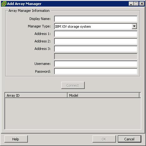 Figure 28. Add Array Manager dialog box Removing the IBM XIV SRA software If you want to remove the IBM XIV SRA from the SRM server, perform the standard Windows Server software removal procedure.