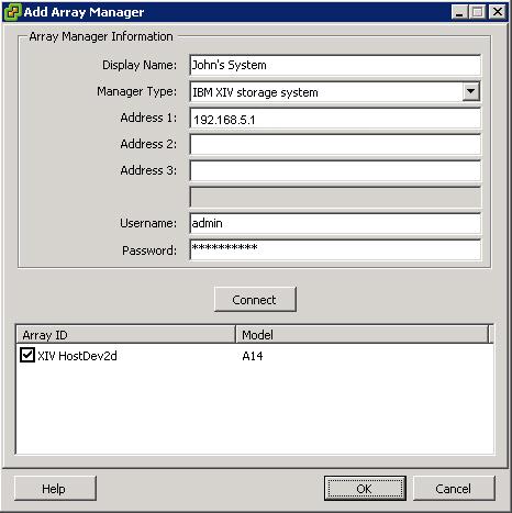 Figure 30. Add Array Manager dialog box XIV storage system added 7. Click OK. The Add Array Manager dialog box closes and the XIV system is added to the list of Protected Site Array Managers. 8.