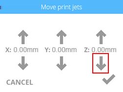 5. Press the X and Y adjustment arrows until print jet 2 is closely aligned above the front print pad adjustment knob.