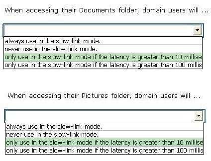 Section: Hot Area /Reference: http://social.technet.microsoft.com/forums/windows/en-us/178188ef-48ea-419d-91e2-d5e73232ab16/offline-folders/slow-link-mode-bandwidth-assesed-as-0?