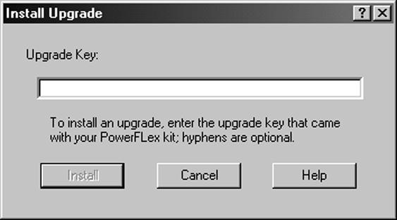 5. Click the Install Upgrade button in the PowerFlex window. The Install Upgrade dialog box appears (see Figure 2). Figure 2: Install Upgrade dialog box 6.