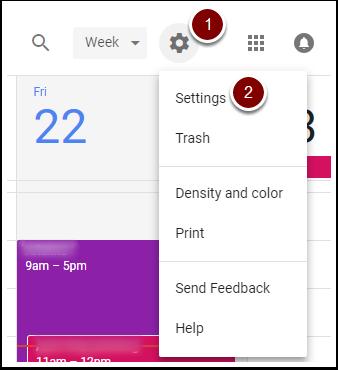 Calendar Settings To change your overall Google Calendar settings, click the settings gear in the top right, then click