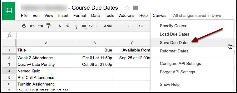 12. Upload your changes to Canvas When you are satisfied with your changes, choose Save Due Dates from the Canvas dropdown menu to upload them to