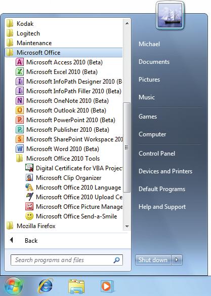 14 Introducing Office 2010 This shows Windows 7. However, the same shortcuts are added to the Windows Vista or the Windows XP Start Menu.