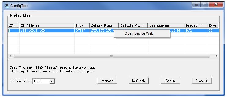2 - Select "Open Device Web" to access the camera's web interface: If you cannot connect, check the Internet Explorer security settings as indicated