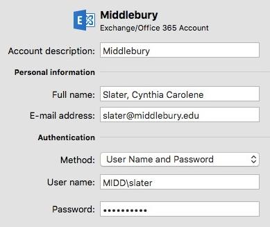 4. In the Enter your Exchange information window: Enter your full Middlebury email address. Enter your Middlebury username in the format MIDD\username. Enter your Middlebury password.