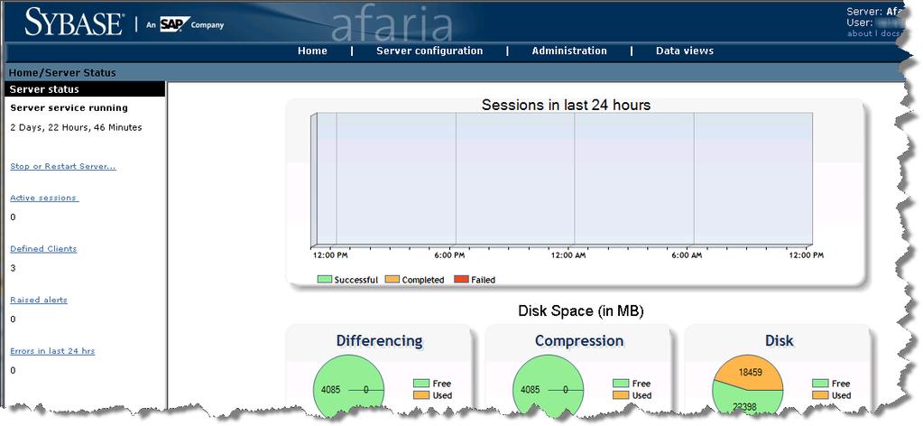 2.1.1 Home Description from the Reference Manual: The Home area of the Afaria Administrator contains pertinent information about your Afaria Server, such as the number of client sessions you have run