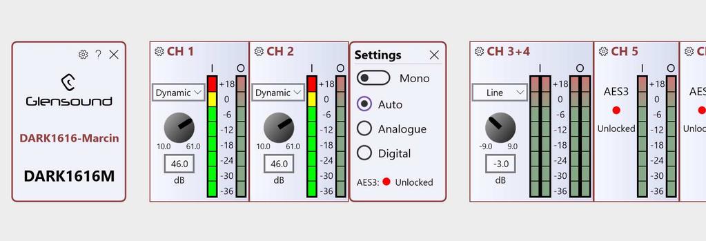 Channel Controls Pressing this button toggles the side bar in and out: Pressing the settings button opens on 1 channel opens up a stereo pair of channels settings The I meter shows the level of the