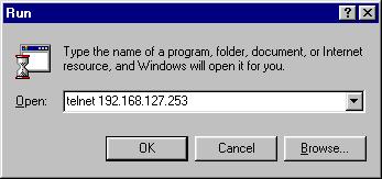 Getting Started Perform the following steps to access the console utility by Telnet. 1. Click Start Run, and then telnet to the EDS s IP address from the Windows Run window.