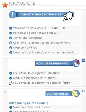 2. Navigating through your course When you enter the course module, you are presented with a Topic Outline page as shown below.