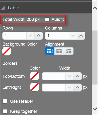AUTO-ADJUST TABLE WIDTH CPQ Cloud 2017 R1 includes a Total Width property and an Autofit property in the Table panel.