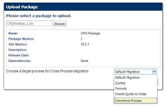 An administrator performs the following steps to complete a Cross Process Migration: Upload a migration package to the target site Select a target Commerce process Select the source process to view