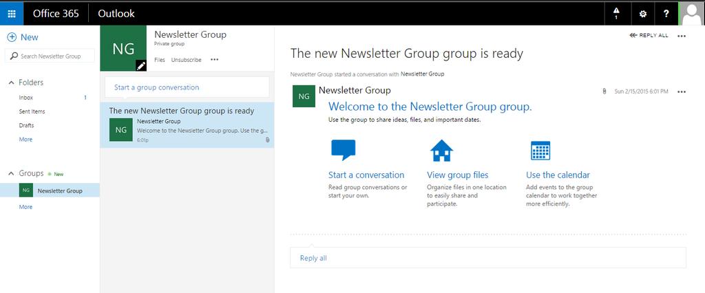 A pop-up window opens which guides him through the process of setting up his new Outlook group.