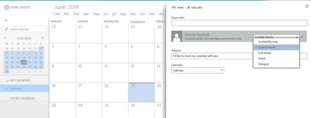 User Scenario - Calendar sharing with Outlook Sharing is a default function in Office 365 and is securely managed by Exchange between users within the same domain.