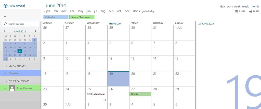 Any of Jenny s calendar entries which she has shared with Mrs Southall will be shown in green Jenny explores the other sharing options by going to Calendar on the left of her screen and selecting