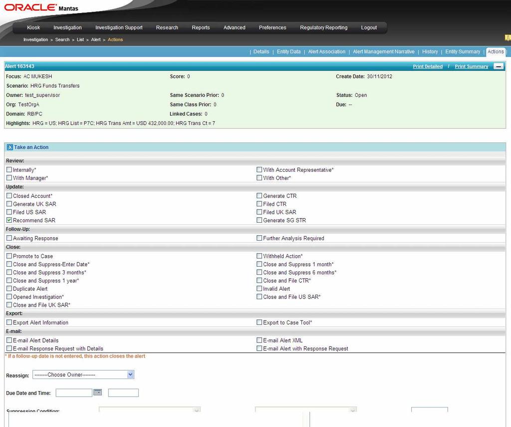 Creating New Regulatory Reports 4. Select any alert and click Take Action.