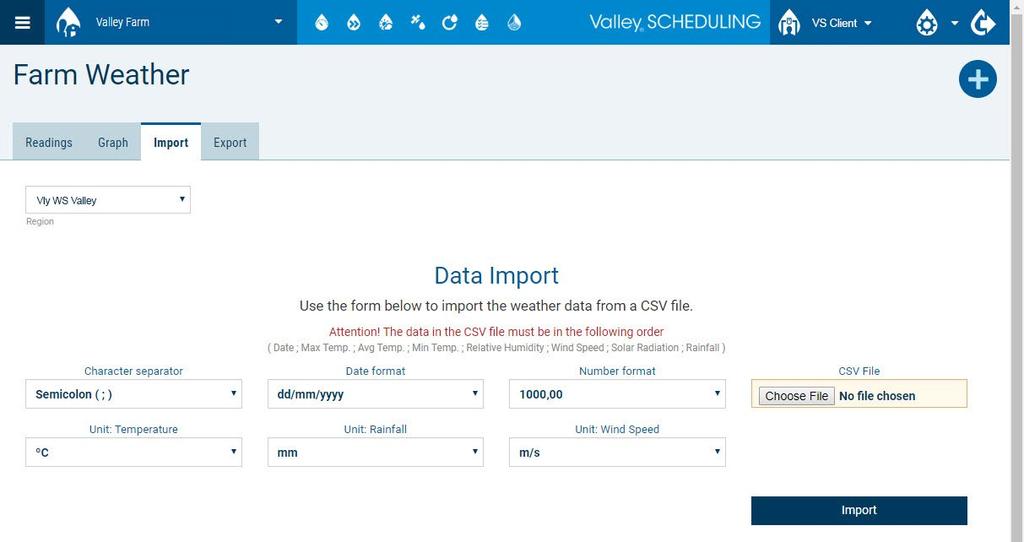 Farm Weather > Import Tab On the Import tab, you can import weather data from a.csv file to the weather station selected on the readings tab.