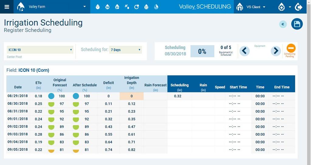 Scheduling > Irrigation Scheduling Clicking on the dashboard Scheduling icon will take you to the Irrigation Management Scheduling screen. Refer to Figure 7-.