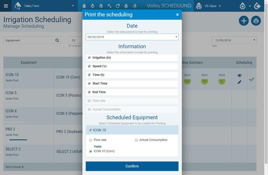 Scheduling > Irrigation Scheduling > Saving / Printing To save or print the schedule, refer to Figure - and do the following:. Click the Printer icon in the top right corner.
