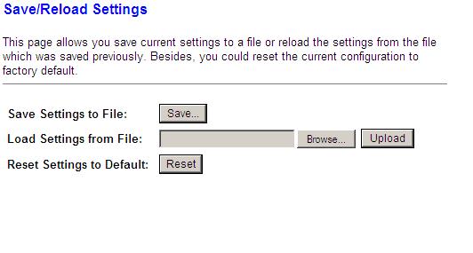3-2 Save and Load Settings : This page allows you save current settings to a file or reload the settings from the file which was saved previously.