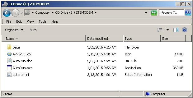 Example shown for Windows operating system. 1. Click on CD Drive ZTEMODEM 2. Double click Autorun.exe 3.