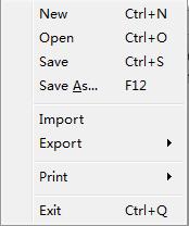PART 2. Software Functions 2.1 Menu 2.1.1 File Menu This menu furnishes the users with the functions of New, Open, Save, Save AS, Import, Export, Print and Exit, etc.