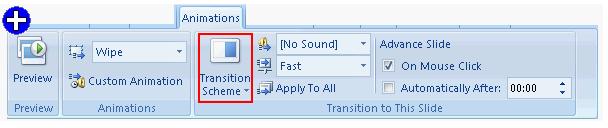 slide as shown in the following image: By using Slide Transition, a user will be able to choose the speed and movement to the next slide and the type of sound to