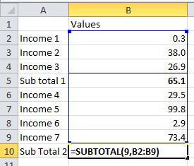Useful Excel tps Page 7 Result: 270.7 (so ignored the 65.1 which is another =SUBTOTAL formula) The Round formula =ROUND(value, number of digits) In the above we are rounding to one decimal place.