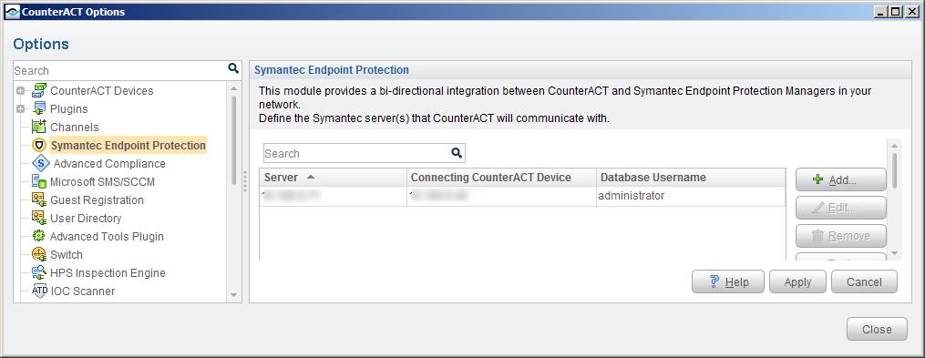 4. Select Add to define a Symantec Endpoint Protection server to communicate with CounterACT. The Add Symantec Endpoint Protection Add Server Definition dialog box opens.