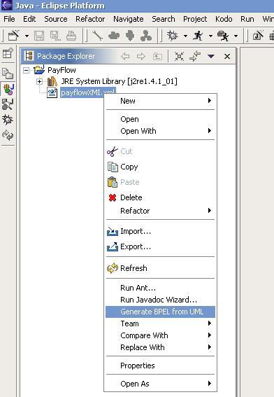 The and in figure 2.25 are the second and third step, importing the XMI into a java IDE, in this case is Eclipse and generate BPEL.