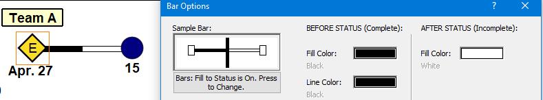 The Bar Options box displays. 2. Change Bar Type to 2, wide bar. 3. Change Fill Color to Blue. 4.